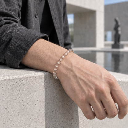 7A Clear Quartz Barrel Bead Bracelet – men’s architectural wrist view