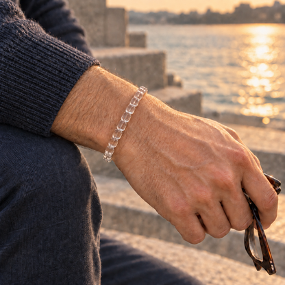 7A Clear Quartz Barrel Bead Bracelet – men’s waterfront wrist view