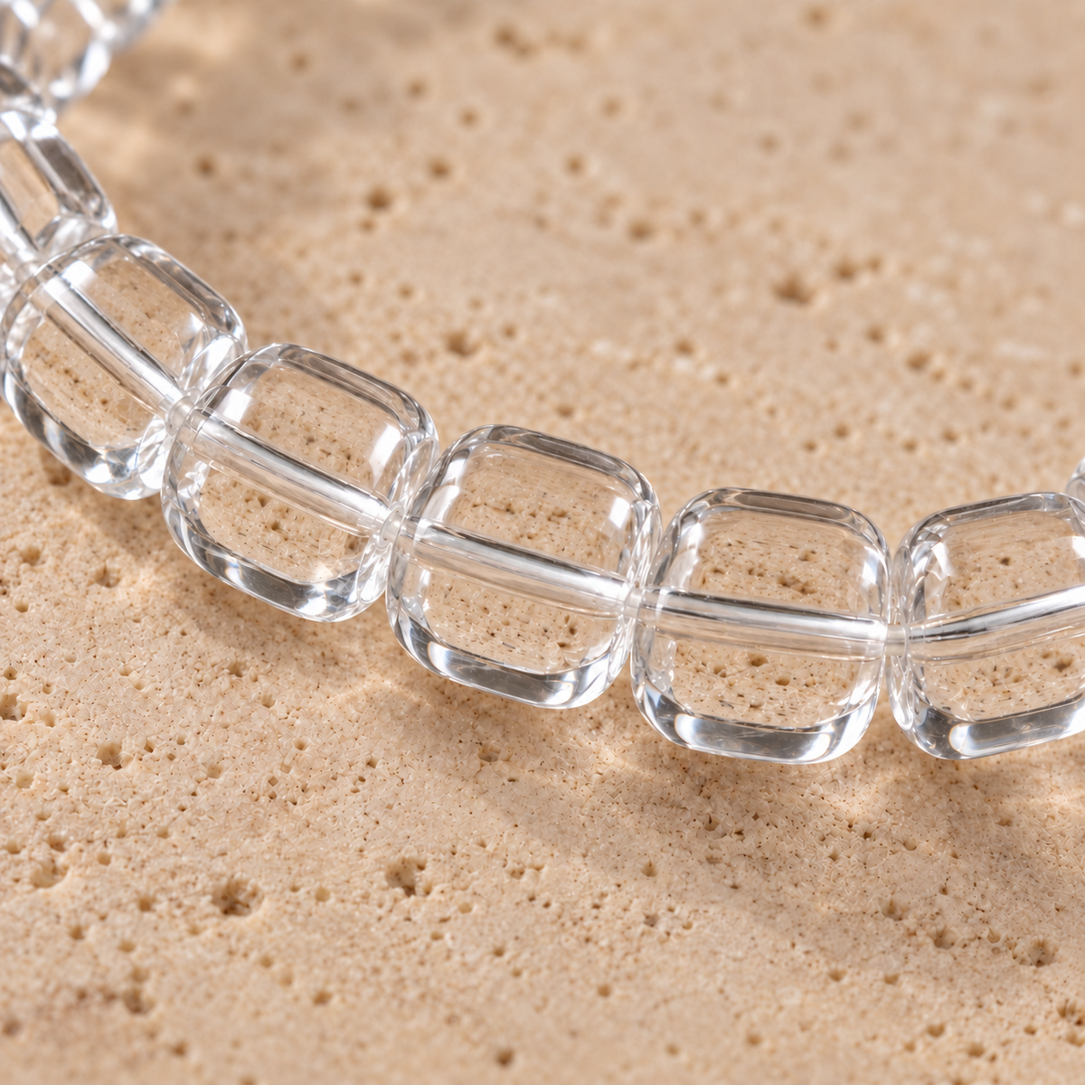 7A Clear Quartz Barrel Bead Bracelet – water-clear bead macro detail