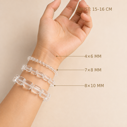 Clear Quartz Barrel – bead size comparison on a 15–16 cm wrist