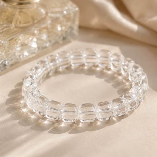 7A Clear Quartz Barrel Bead Bracelet – diagonal glass-bottle still life