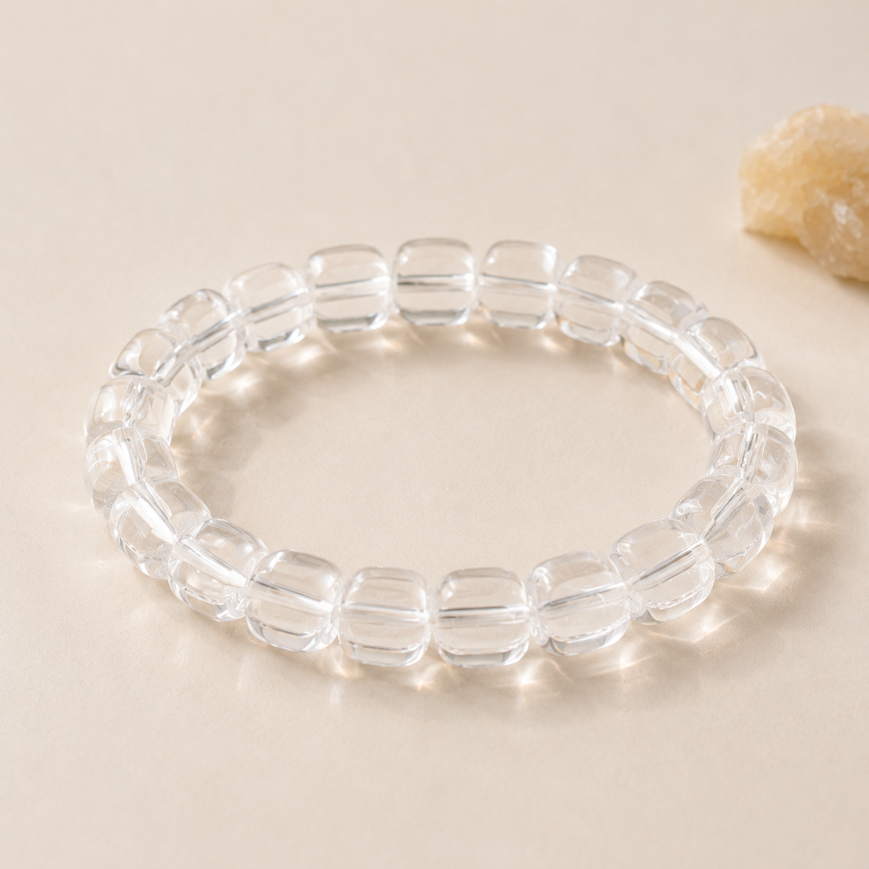 7A Clear Quartz Barrel Bead Bracelet – centered flatlay product view