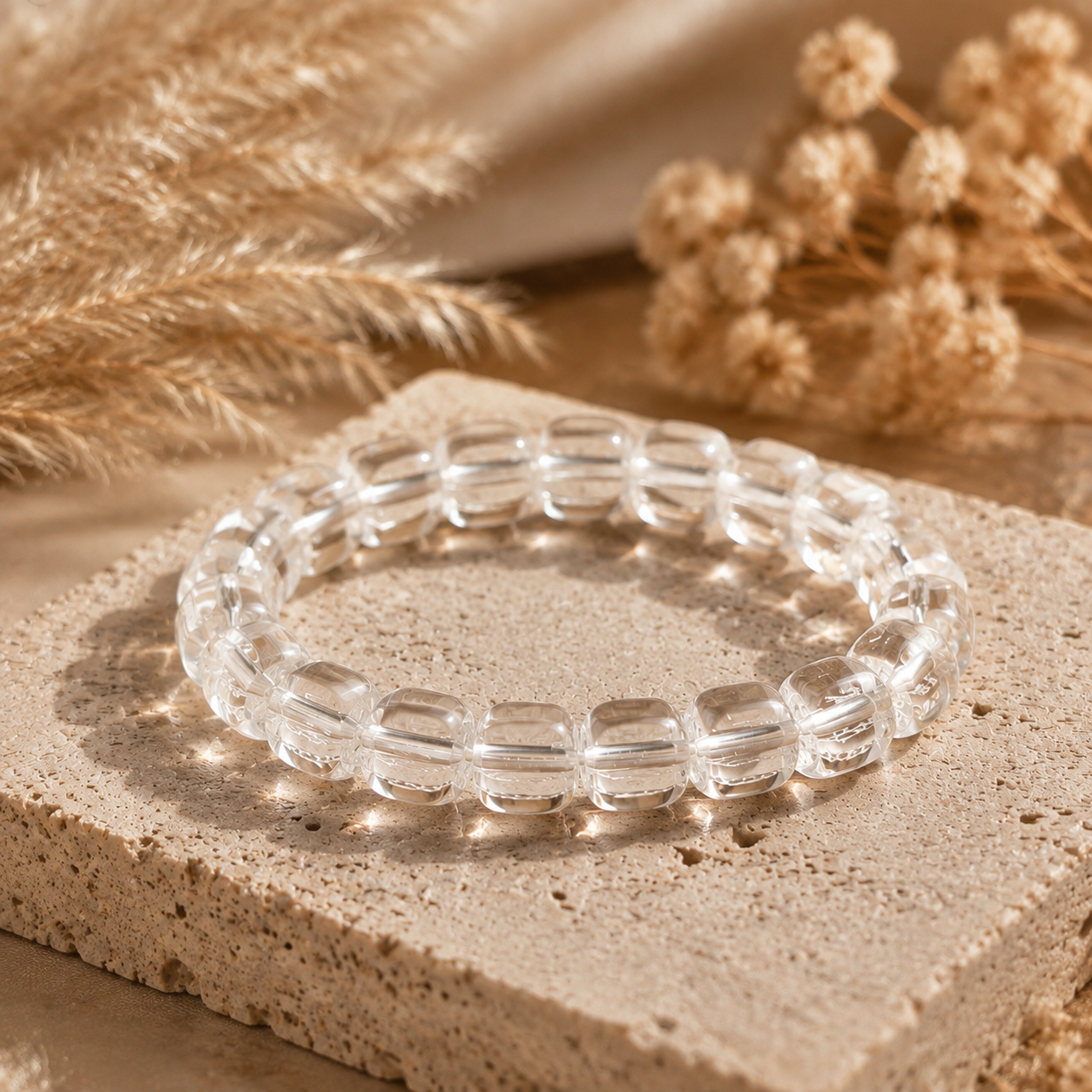 7A Clear Quartz Barrel Bead Bracelet – travertine and dried-flower still life