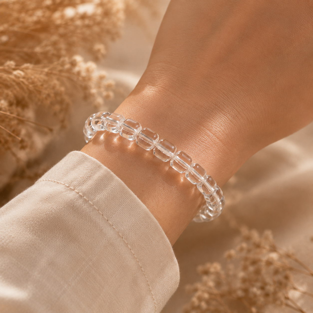 7A Clear Quartz Barrel Bead Bracelet – realistic on-wrist view