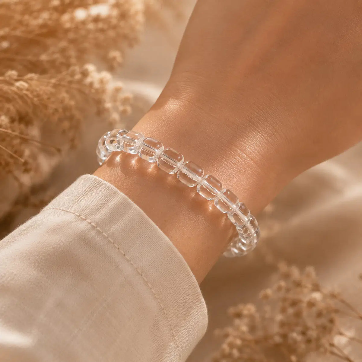 7A Clear Quartz Barrel Bead Bracelet – realistic on-wrist view