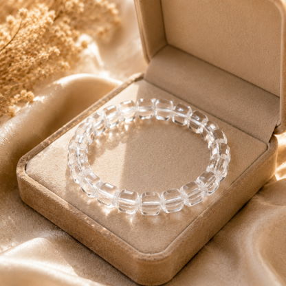 7A Clear Quartz Barrel Bead Bracelet – beige velvet gift-box view