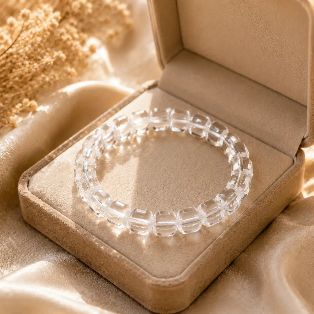 7A Clear Quartz Barrel Bead Bracelet – beige velvet gift-box view