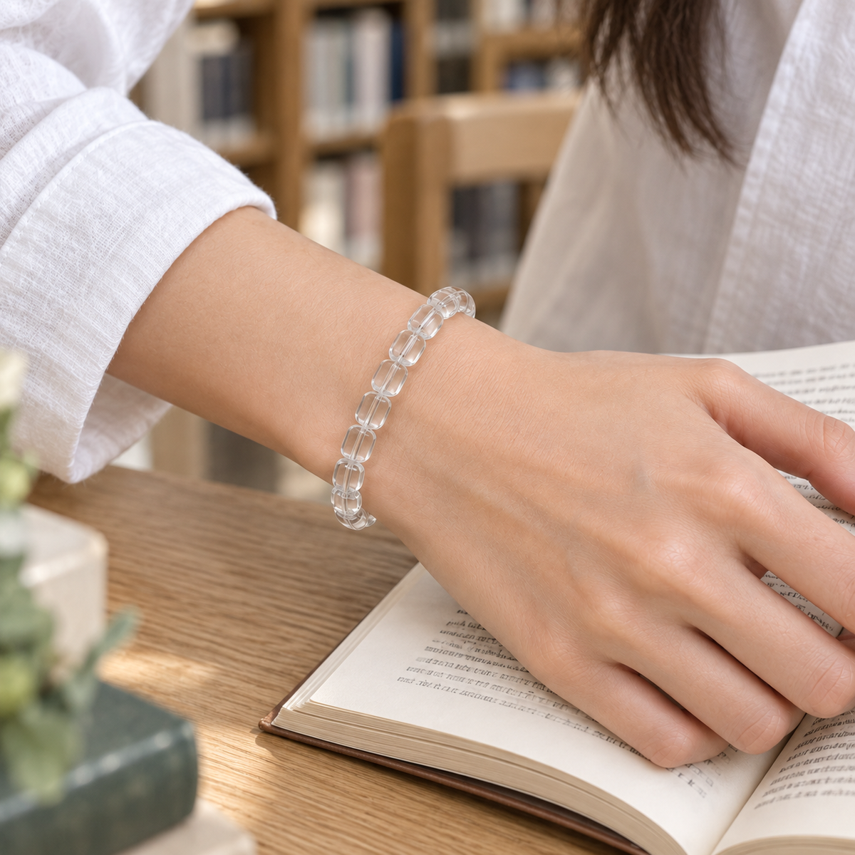 7A Clear Quartz Barrel Bead Bracelet – reading lifestyle wrist view