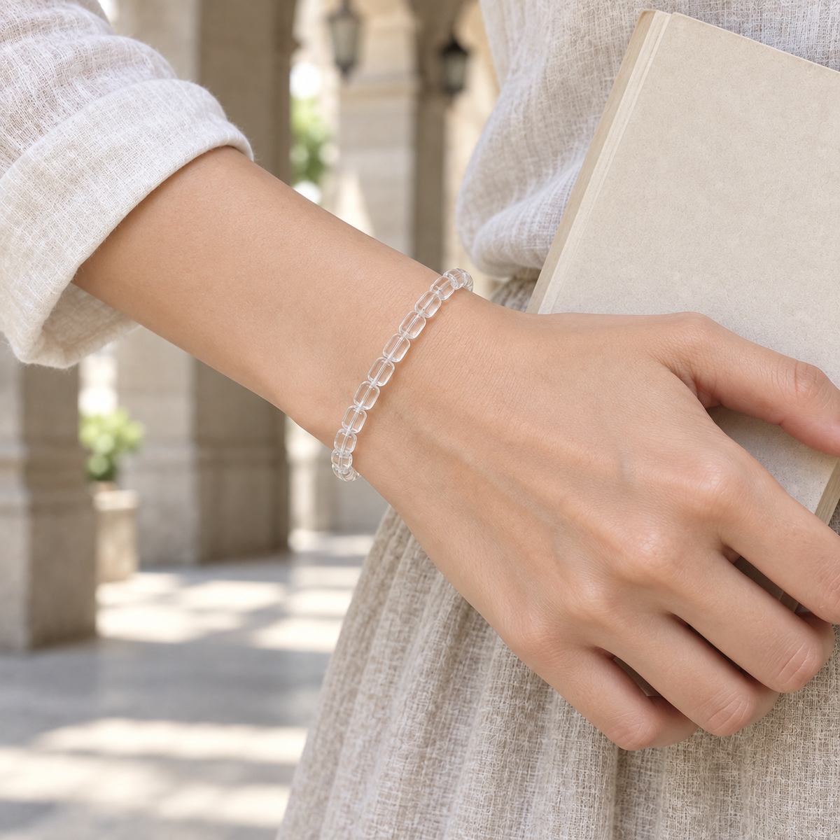 7A Clear Quartz Barrel Bead Bracelet – lifestyle wrist view