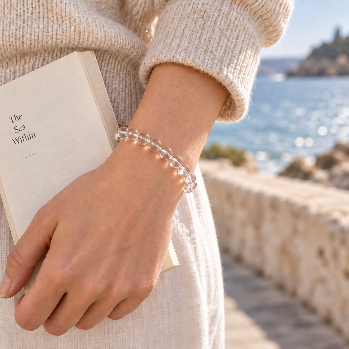 Natural Clear Quartz Minimalist Bracelet – women’s coastal wrist view