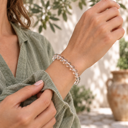 Natural Clear Quartz Minimalist Bracelet – women’s courtyard wrist view