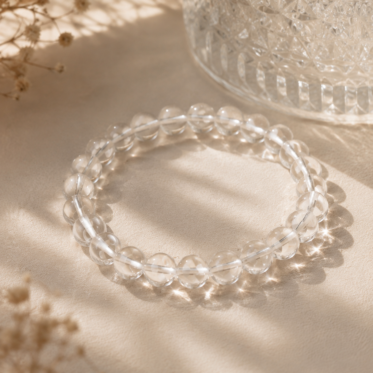 Natural Clear Quartz Bracelet – Minimalist – diagonal glass-bottle still life