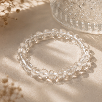 Natural Clear Quartz Bracelet – Minimalist – diagonal glass-bottle still life