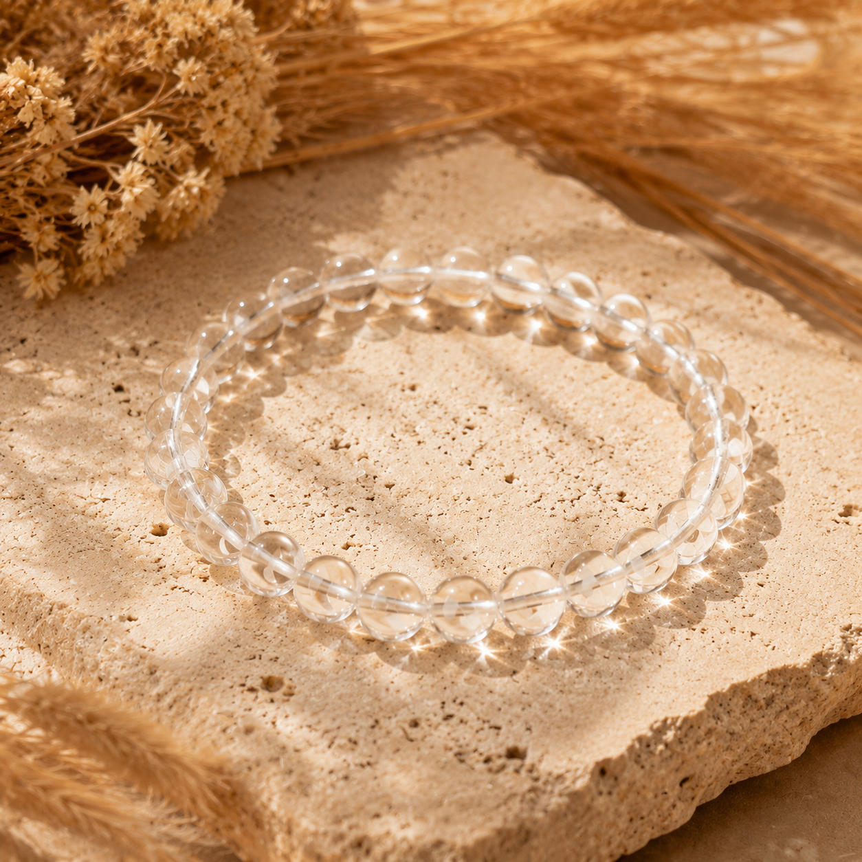 Natural Clear Quartz Bracelet – Minimalist – travertine and dried-flower still life