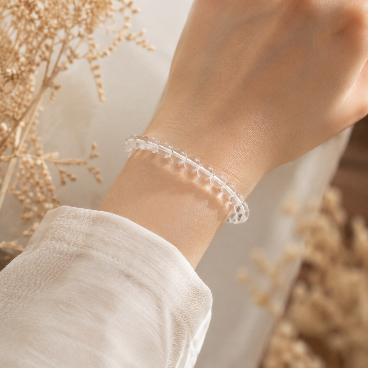 Natural Clear Quartz Bracelet – Minimalist – realistic on-wrist view