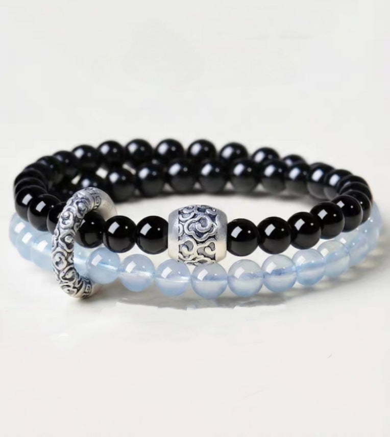 Obsidian & Icy Blue Beads double-wrap bracelet, 6mm strand beads