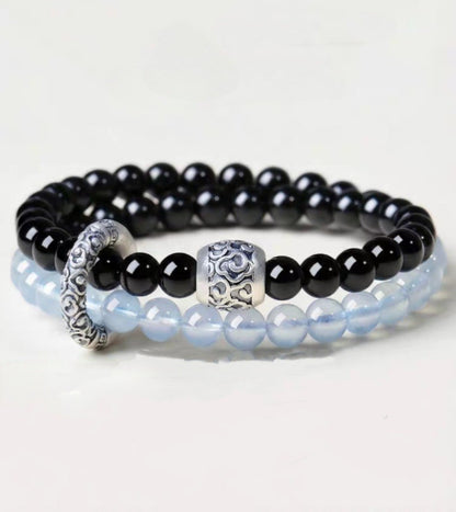 Obsidian & Aquamarine double-wrap bracelet, 6mm strand beads
