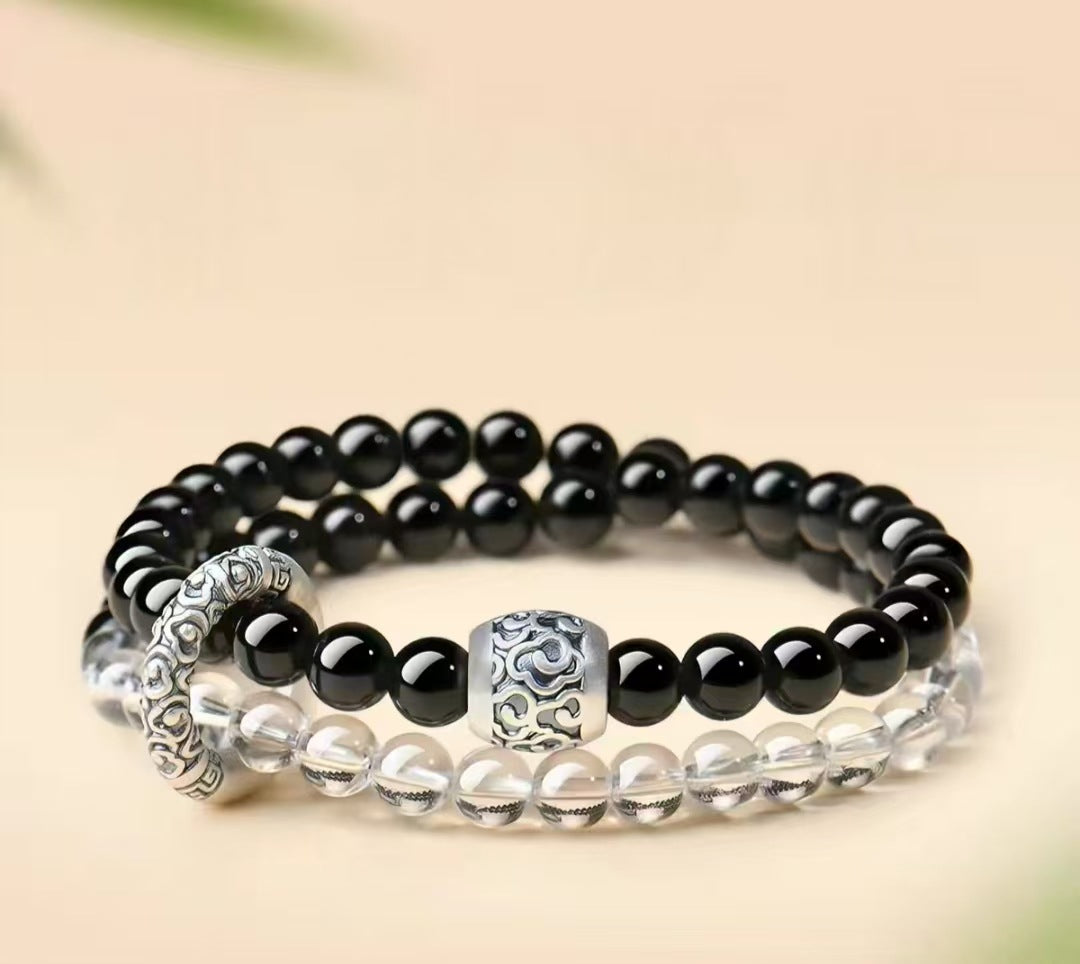 Obsidian & Clear Beads double-wrap bracelet, 6mm strand beads
