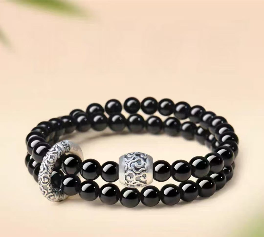 Black Obsidian double-wrap bracelet, 6mm strand beads
