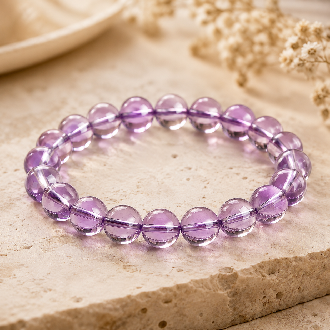 Light amethyst bracelet displayed on a natural stone surface