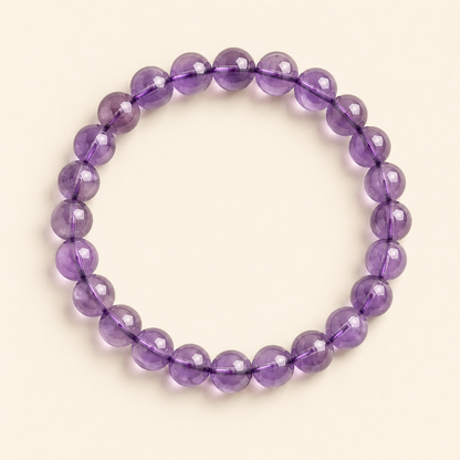 Top view of a natural light amethyst bead bracelet