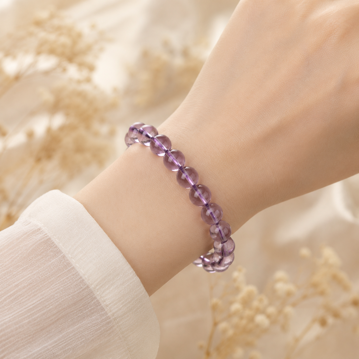Light amethyst bracelet worn on the wrist
