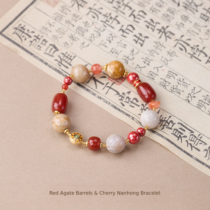 Cherry red bracelet with agate barrel beads and gold-tone disk