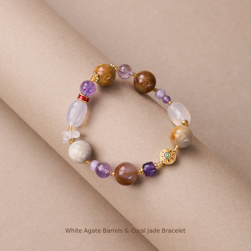 Amethyst purple bracelet with white agate barrels and coral jade