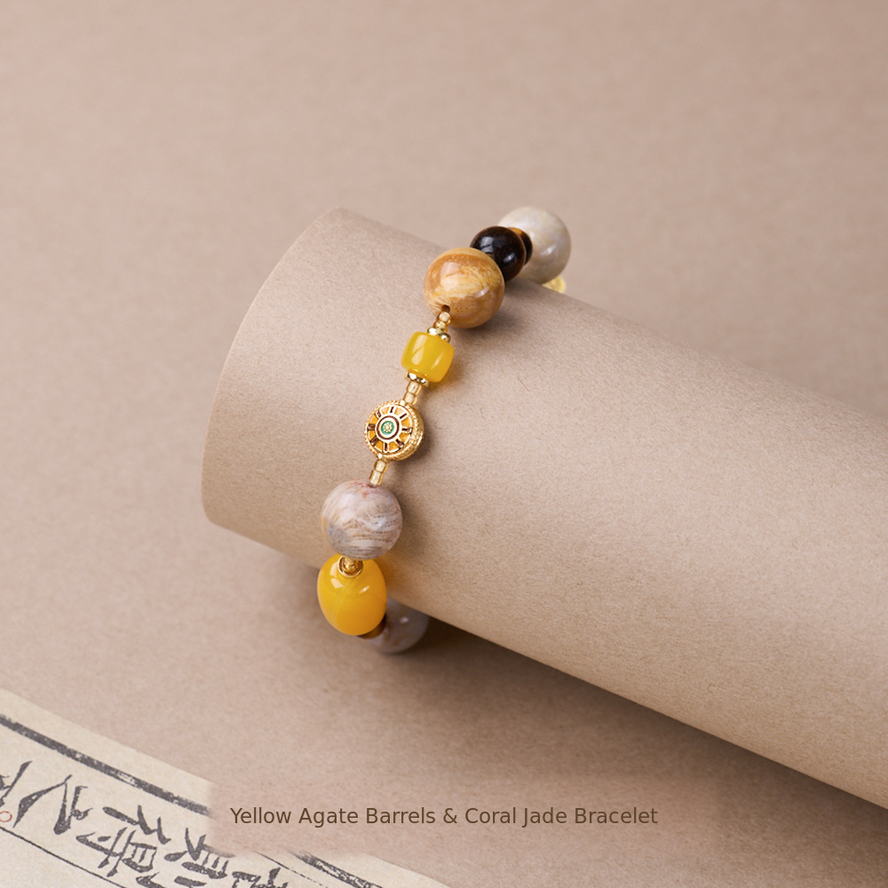 Golden yellow agate and coral jade bracelet with tiger's eye accents