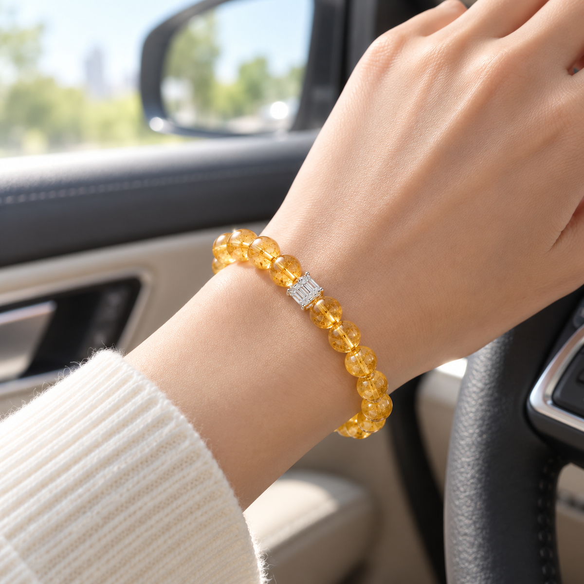 Natural citrine bracelet 10mm — wearing view, car daylight