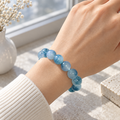 Icy blue water jadeite bracelet — 14mm wearing view