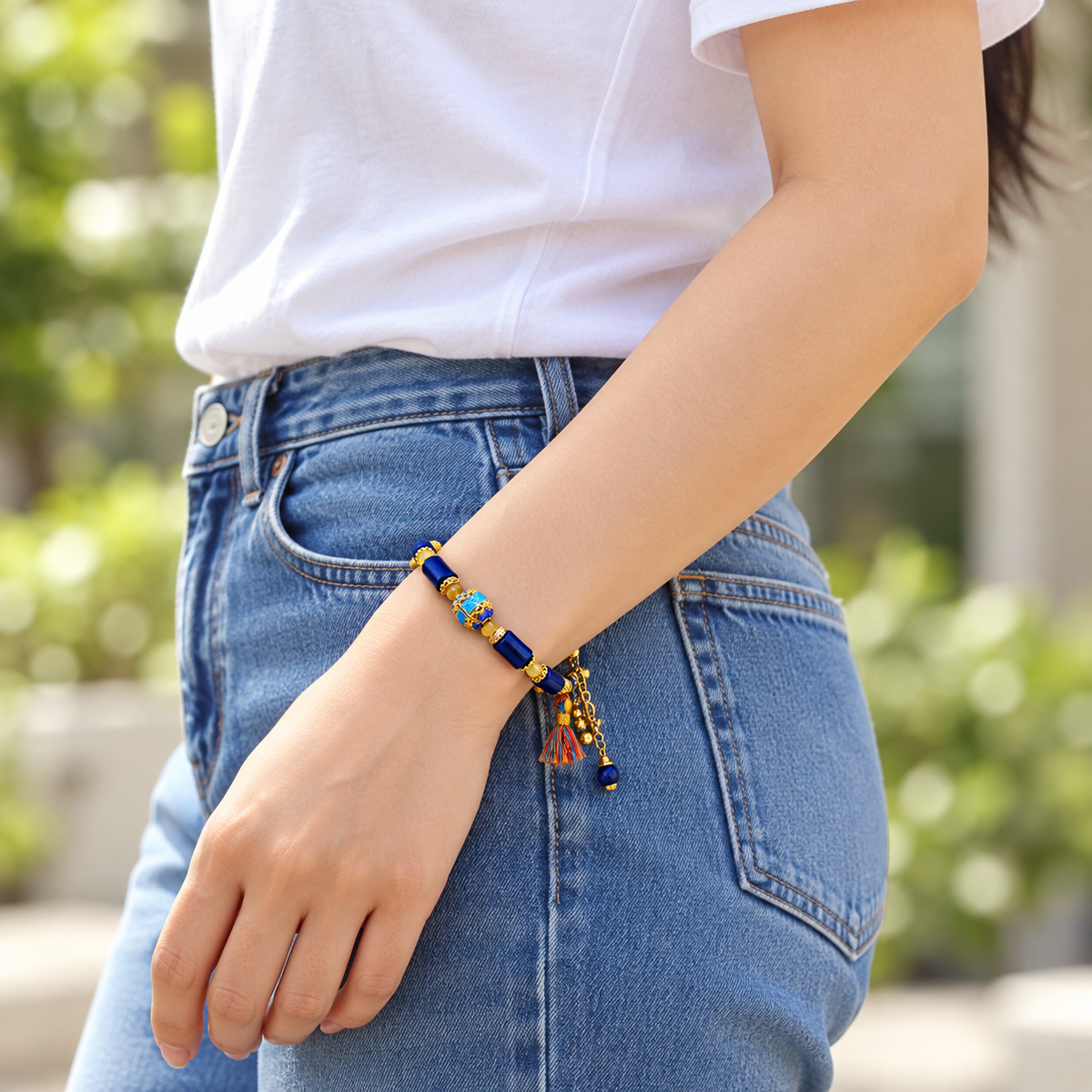 Side worn view, white T-shirt and jeans