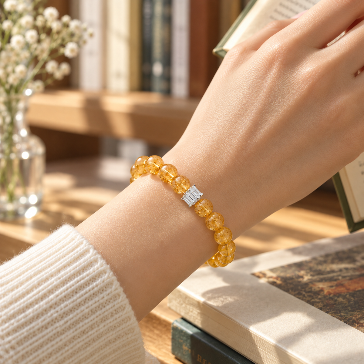 Natural citrine bracelet 10mm — wearing view, bookshop