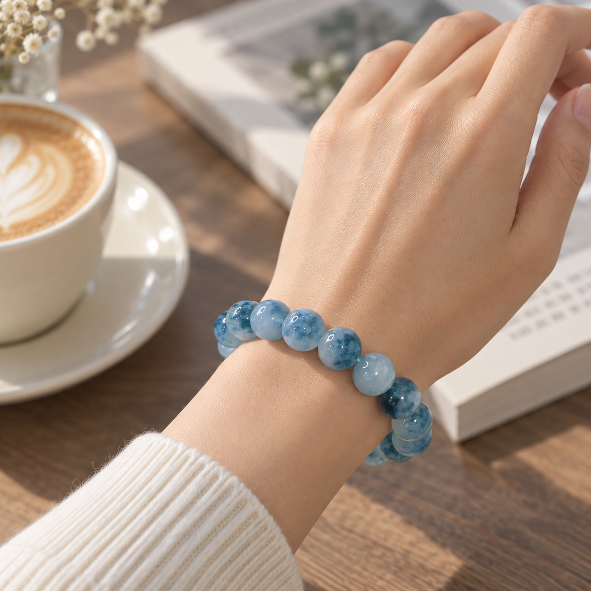 Icy blue water jadeite bracelet — 12mm wearing view