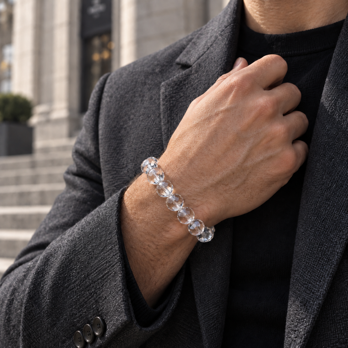 Natural Faceted Clear Quartz Bracelet – men’s architectural wrist view