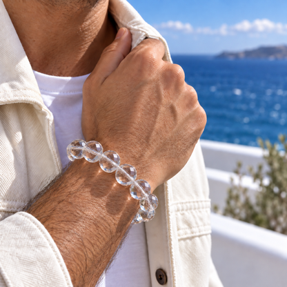 Natural Faceted Clear Quartz Bracelet – men’s seaside wrist view