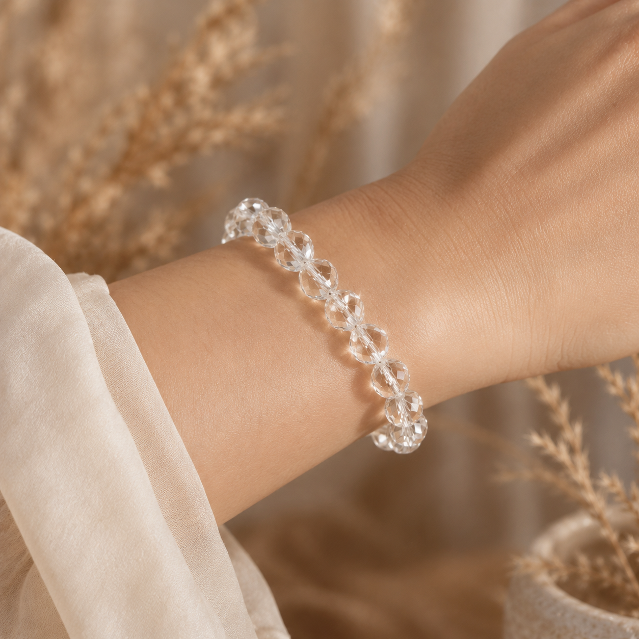 Natural Clear Quartz Faceted Bracelet – realistic on-wrist view
