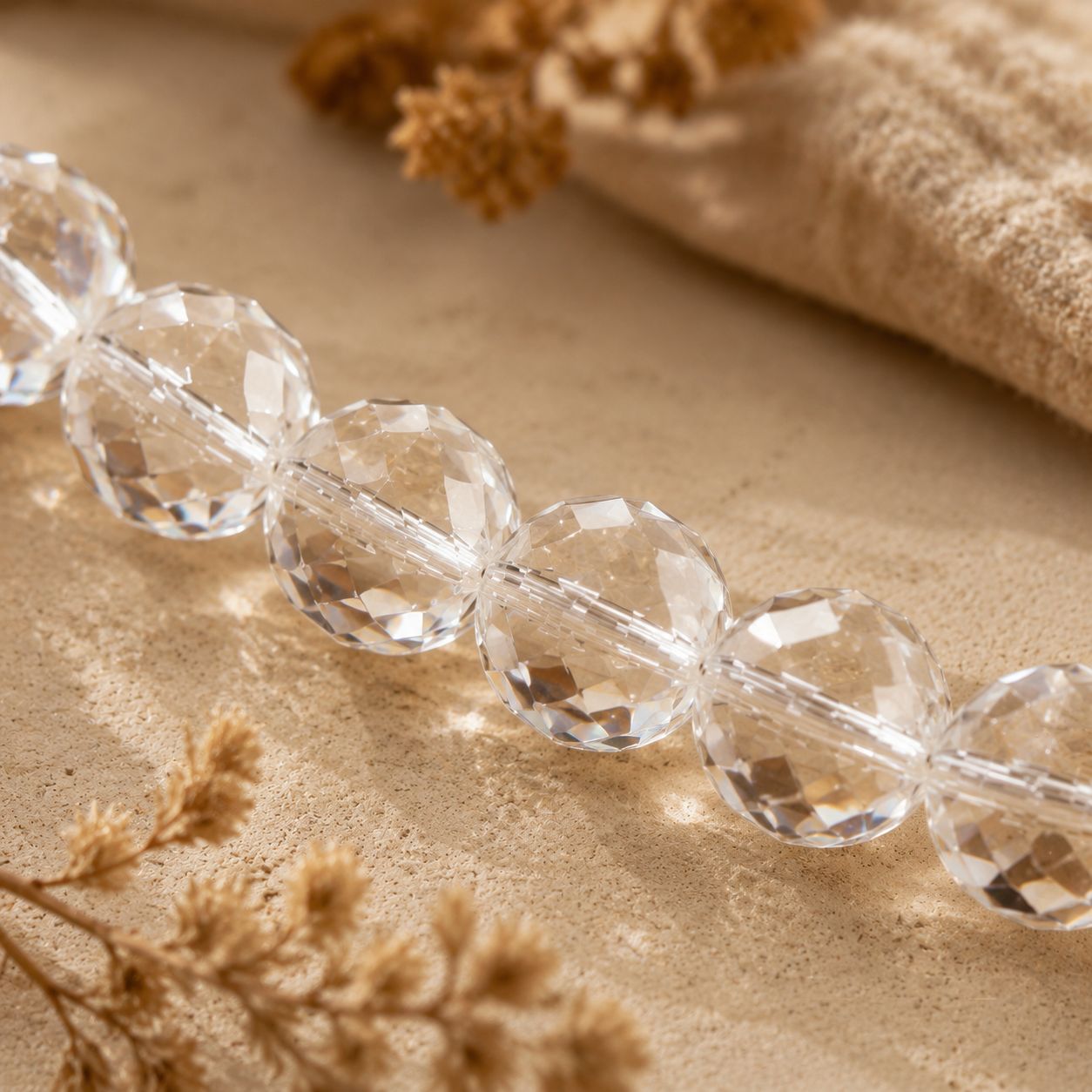 Natural Clear Quartz Faceted Bracelet – bead texture macro detail