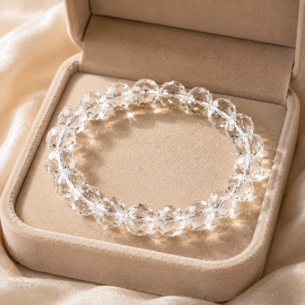 Natural Clear Quartz Faceted Bracelet – beige velvet gift-box view