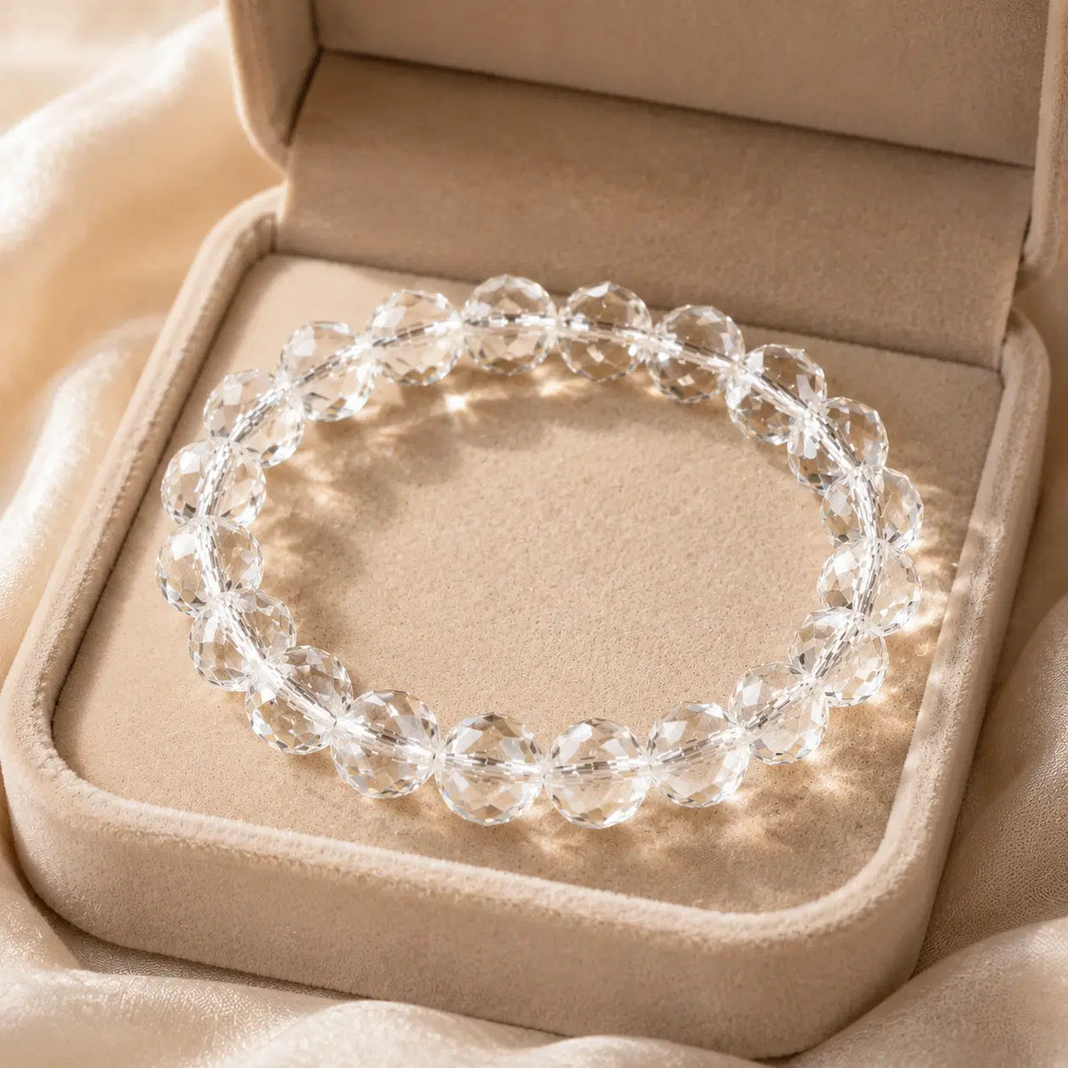 Natural Clear Quartz Faceted Bracelet – beige velvet gift-box view
