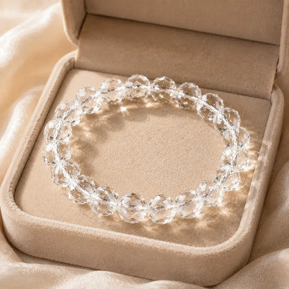Natural Clear Quartz Faceted Bracelet – beige velvet gift-box view