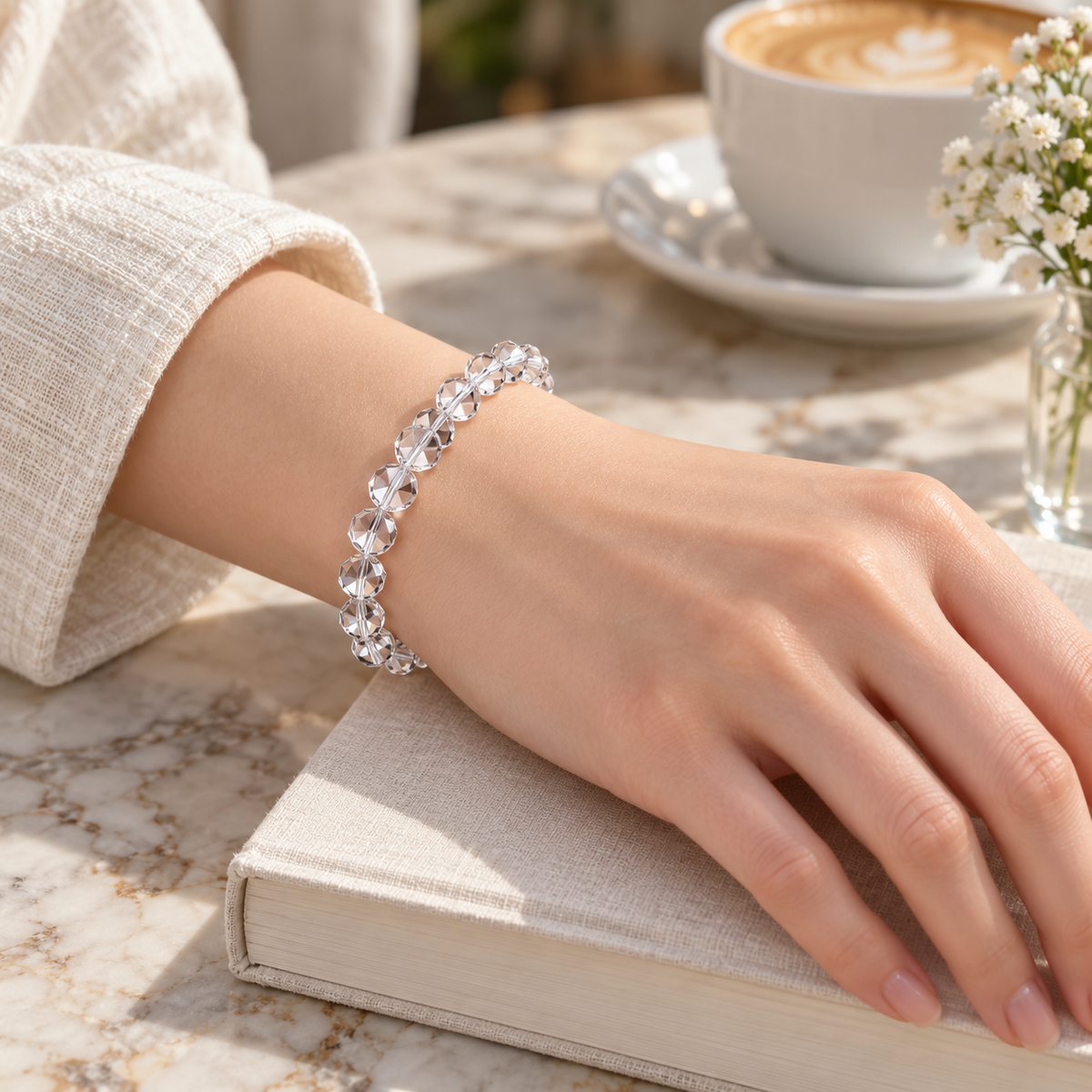 Natural Faceted Clear Quartz Bracelet – book lifestyle wrist view