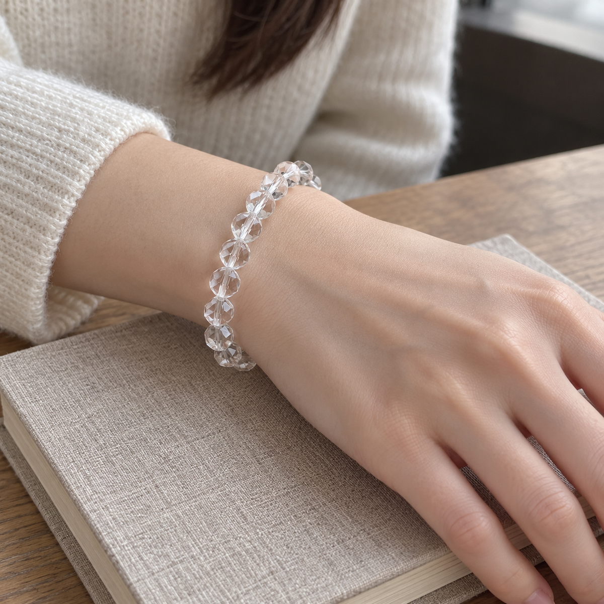 Natural Faceted Clear Quartz Bracelet – café lifestyle wrist view