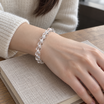 Natural Faceted Clear Quartz Bracelet – café lifestyle wrist view