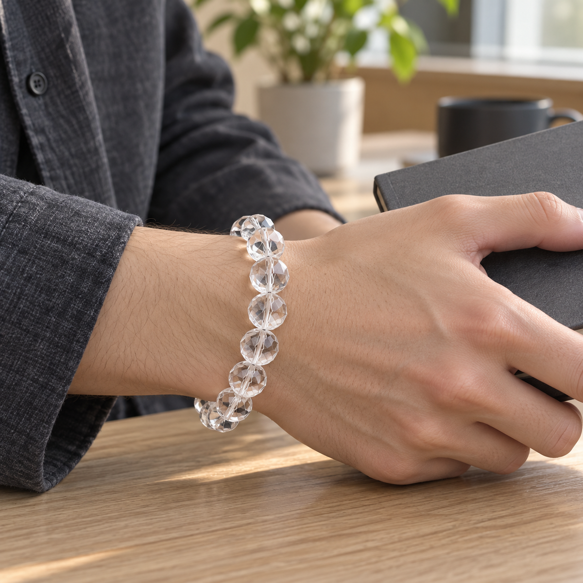 Natural Faceted Clear Quartz Bracelet – dark knit wrist view