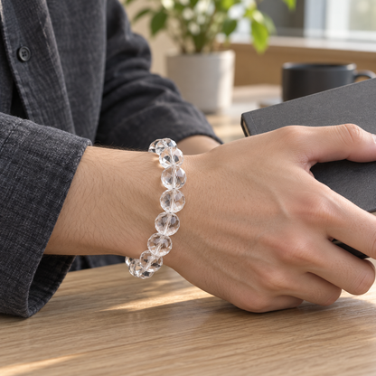 Natural Faceted Clear Quartz Bracelet – dark knit wrist view