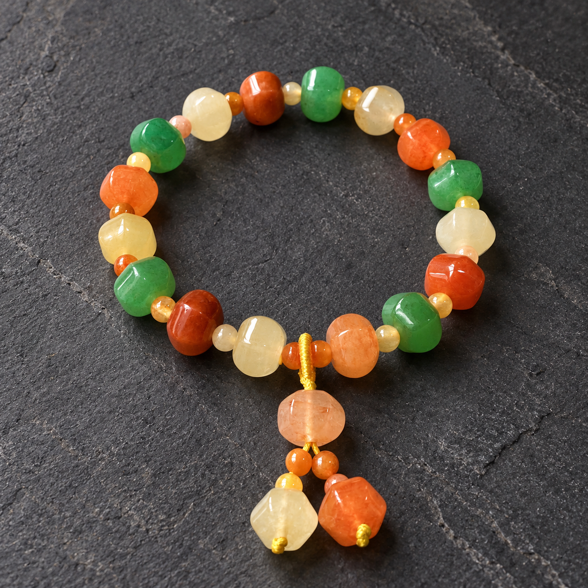 Faceted Golden Silk Jade (Jinsi Yu) multicolor bead bracelet dark stone tabletop