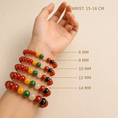 Five Elements Agate – bead size comparison on a 15–16 cm wrist