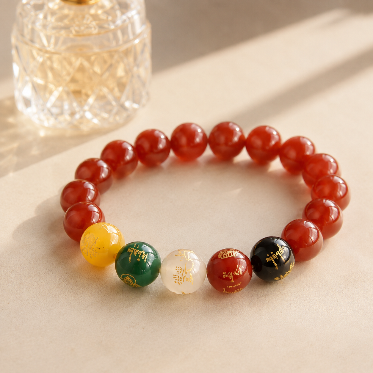 Five Elements Agate Blessing Bracelet – diagonal glass-bottle still life