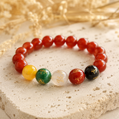 Five Elements Agate Blessing Bracelet – travertine and dried-flower still life
